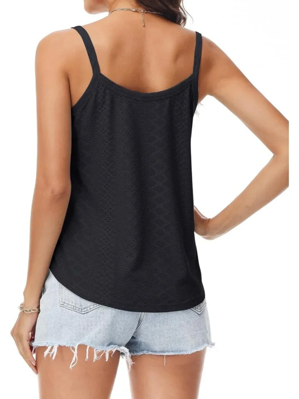 Women's Black Tank Tops Eyelet Sleeveless Spaghetti Strap Sexy Loose Fit Summer - Picture 4 of 5